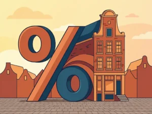 Procentteken dat overvloeit in een Hollands grachtenpand met terracotta gevels en blauwe accenten, zachte ochtendzon.