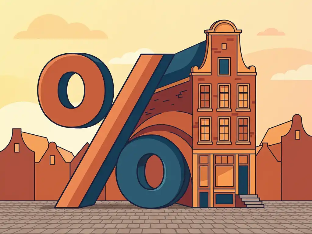 Procentteken dat overvloeit in een Hollands grachtenpand met terracotta gevels en blauwe accenten, zachte ochtendzon.