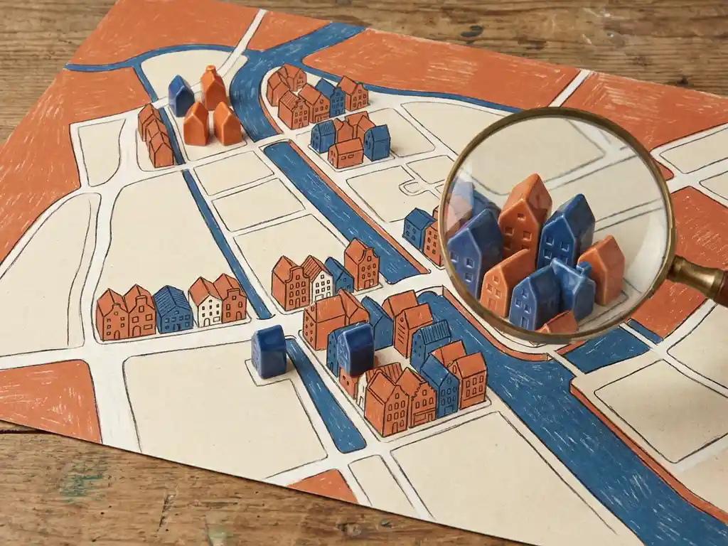 Plattegrond van een Nederlandse woonwijk met huistokens op wijken en een vergrootglas, in terracotta, crème en Utrechts blauw.