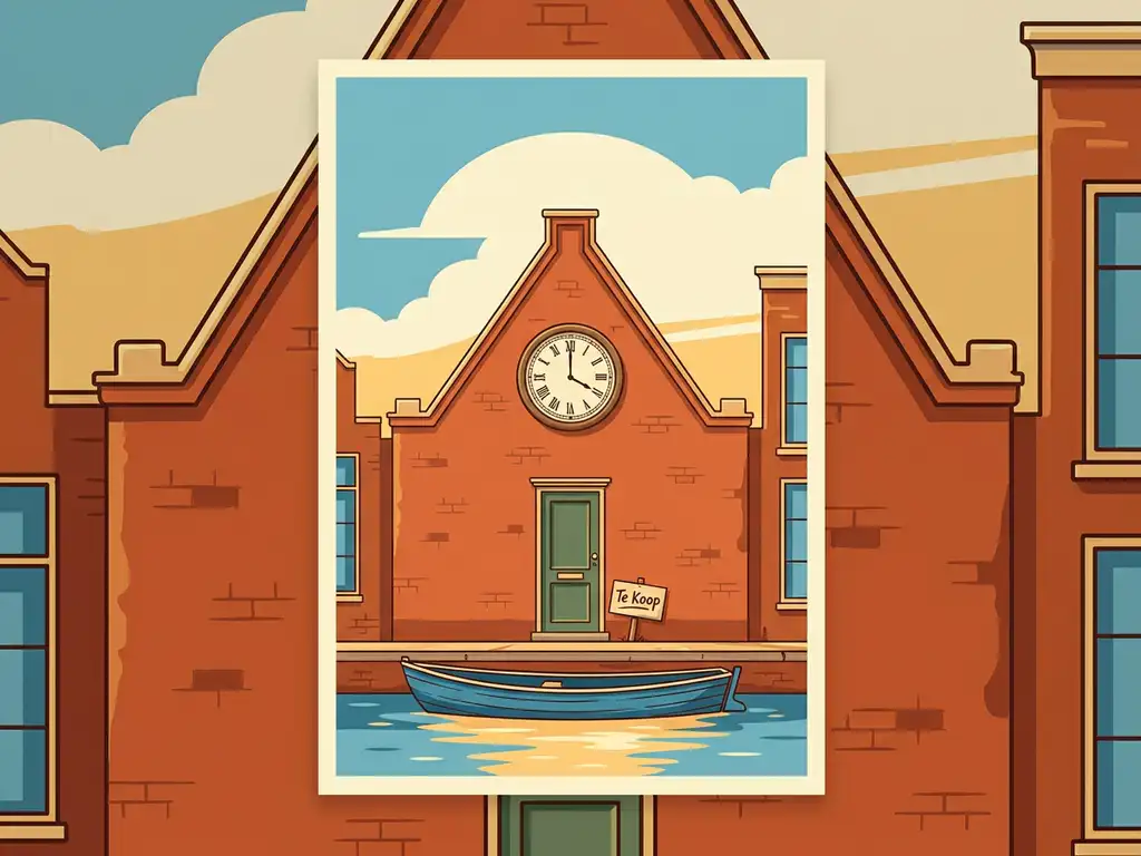 Vintage wandklok boven een Utrechtse grachtengevel met Te Koop-bord, vectorillustratie in terracotta, blauw en crème.