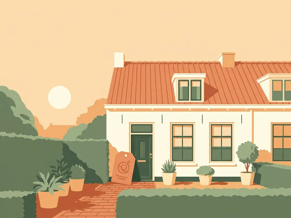 Hollandse woning met terracotta dak en crème gevel, prijskaartje tegen de voordeur, verzorgde tuin in middaglicht.