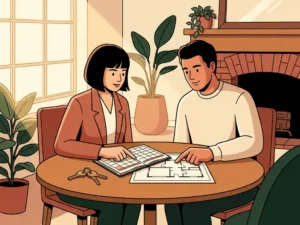 Makelaar en klant bekijken samen plattegrond en kalender aan houten bureau, twee huissleutels en warm middaglicht op de achtergrond.