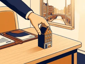 Makelaar plaatst miniatuur Hollands grachtenpand op houten bureau naast open leren portfolio, Utrechtse architectuur zichtbaar door raam.