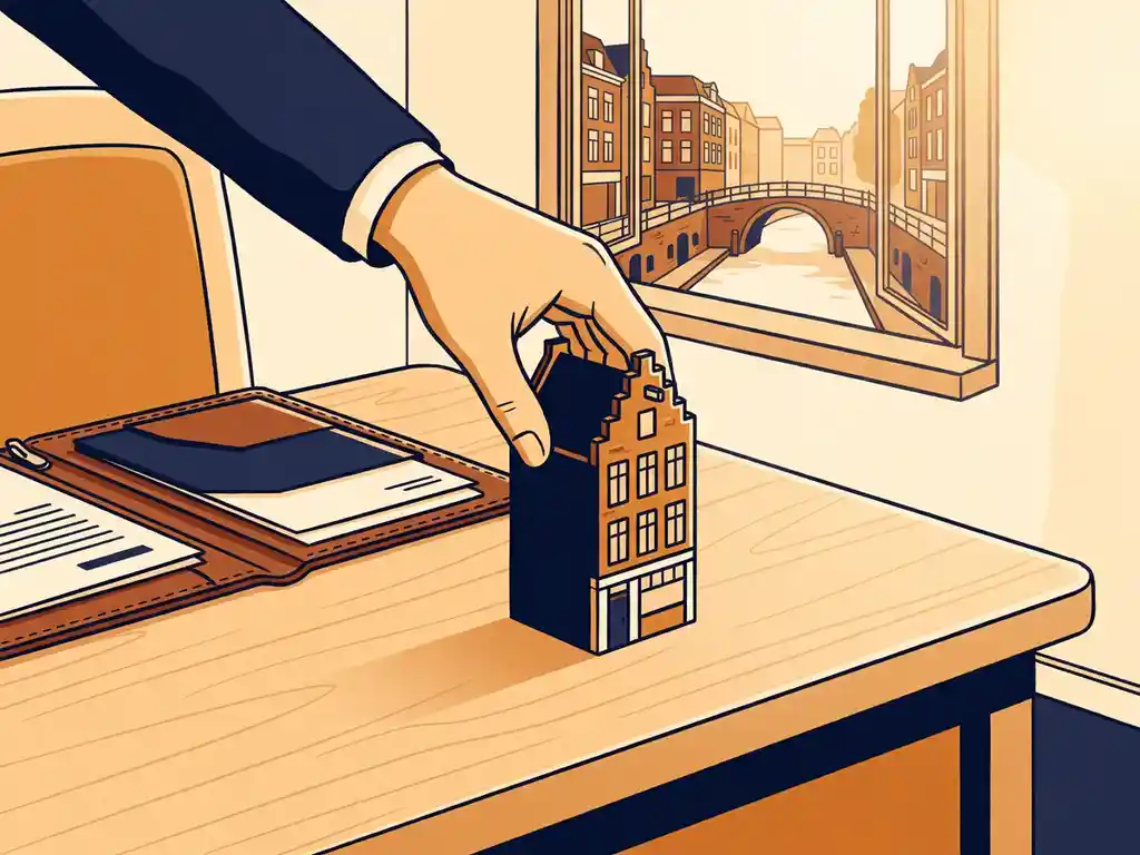 Makelaar plaatst miniatuur Hollands grachtenpand op houten bureau naast open leren portfolio, Utrechtse architectuur zichtbaar door raam.