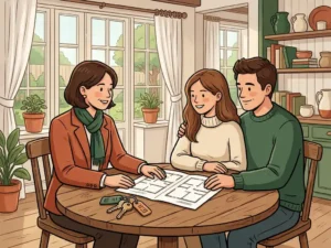 Makelaar bespreekt plattegrond en sleutels met stel aan houten tafel in knus Nederlands interieur.