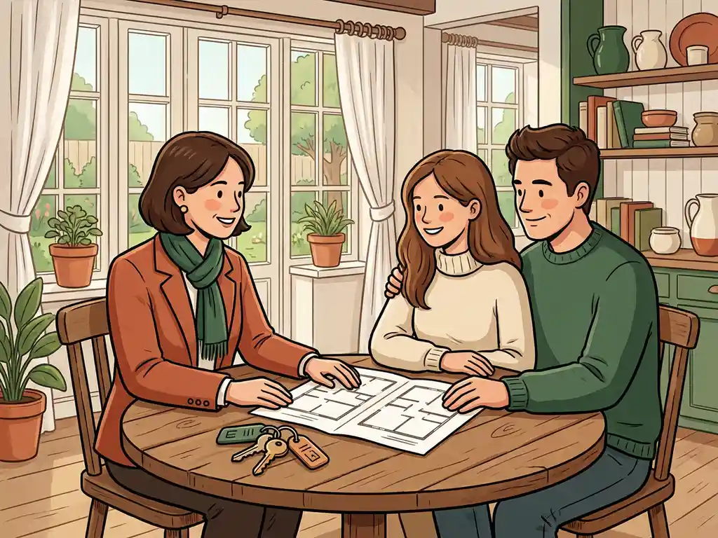 Makelaar bespreekt plattegrond en sleutels met stel aan houten tafel in knus Nederlands interieur.