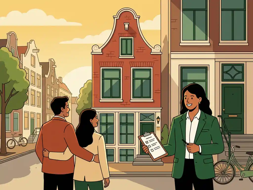 Makelaar verwelkomt stel bij de voordeur van een Utrechtse grachtenpand tijdens een bezichtiging, klembord in hand, bomen op achtergrond.