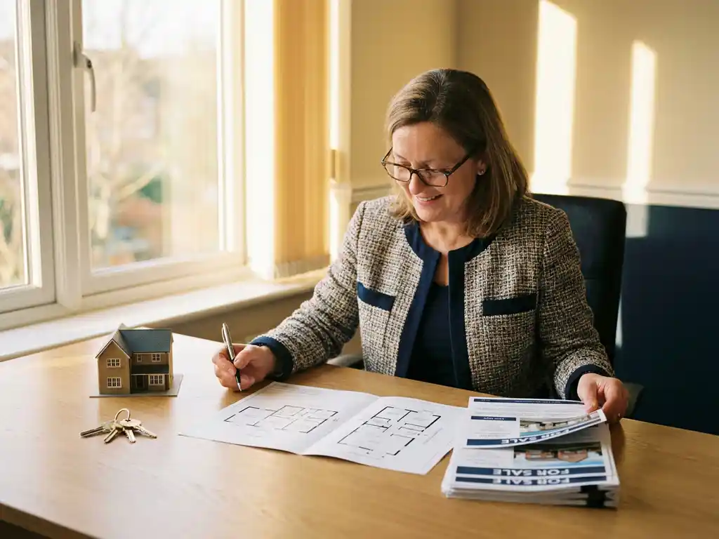 Makelaar bestudeert plattegrond en woningdocumenten aan eikenhouten bureau met huissleutels en miniatuurwoning in warm middaglicht.