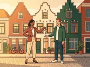 Makelaar overhandigt huissleutel aan lachende huiseigenaar op zonnige Utrechtse straat met karakteristieke Nederlandse rijtjeshuizen op de achtergrond.