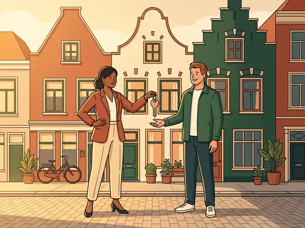 Makelaar overhandigt huissleutel aan lachende huiseigenaar op zonnige Utrechtse straat met karakteristieke Nederlandse rijtjeshuizen op de achtergrond.