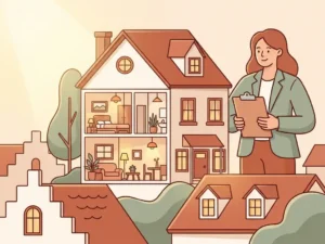 Makelaar met klembord naast doorgesneden woning met zichtbare kamers, omgeven door daken in de regio Utrecht, vlakke illustratiestijl.