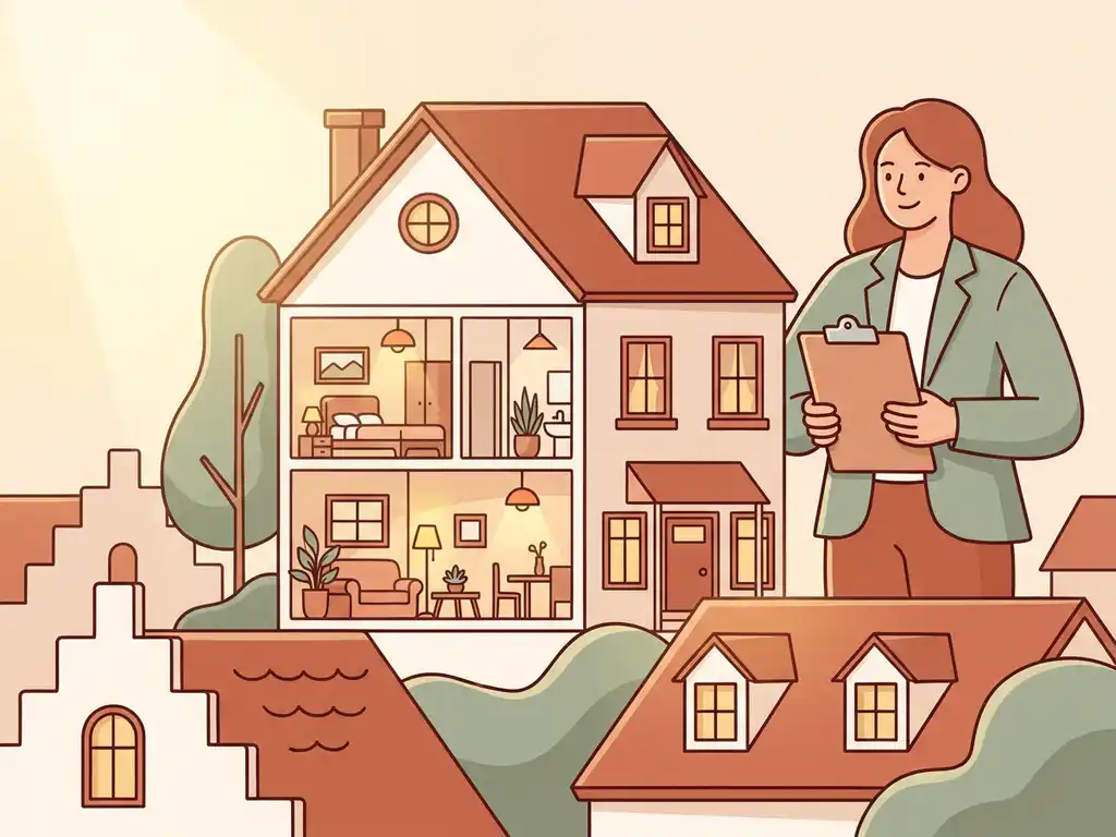 Makelaar met klembord naast doorgesneden woning met zichtbare kamers, omgeven door daken in de regio Utrecht, vlakke illustratiestijl.