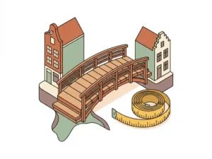 Miniatuur houten brug tussen twee Nederlandse huisjes met meetlint, terracotta en salie­groen kleurenpalet, bovenaanzicht.