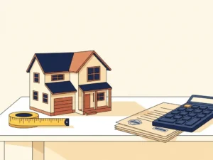Miniatuur huismodel op wit bureau naast meetlint, officiële documenten en rekenmachine in warm ochtendlicht.