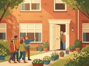 Uitnodigend Nederlands bakstenen huis met open voordeur, bloempotten langs het tuinpad en bezoekers die aankomen in warm middagzonlicht.