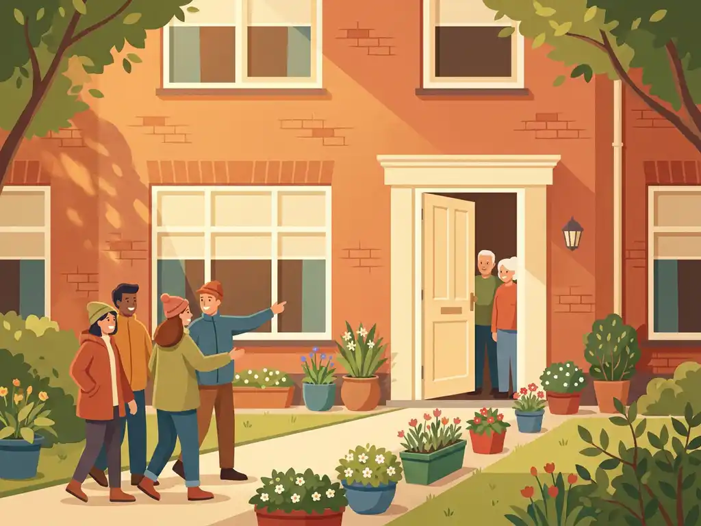 Uitnodigend Nederlands bakstenen huis met open voordeur, bloempotten langs het tuinpad en bezoekers die aankomen in warm middagzonlicht.