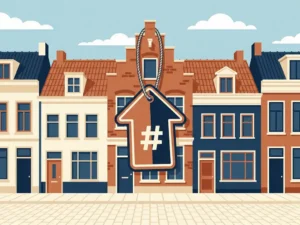 Prijskaartje met pijl omhoog aan Nederlandse rijtjeswoning, omgeven door bakstenen gevels en pannendaken in terracotta en marineblauw.
