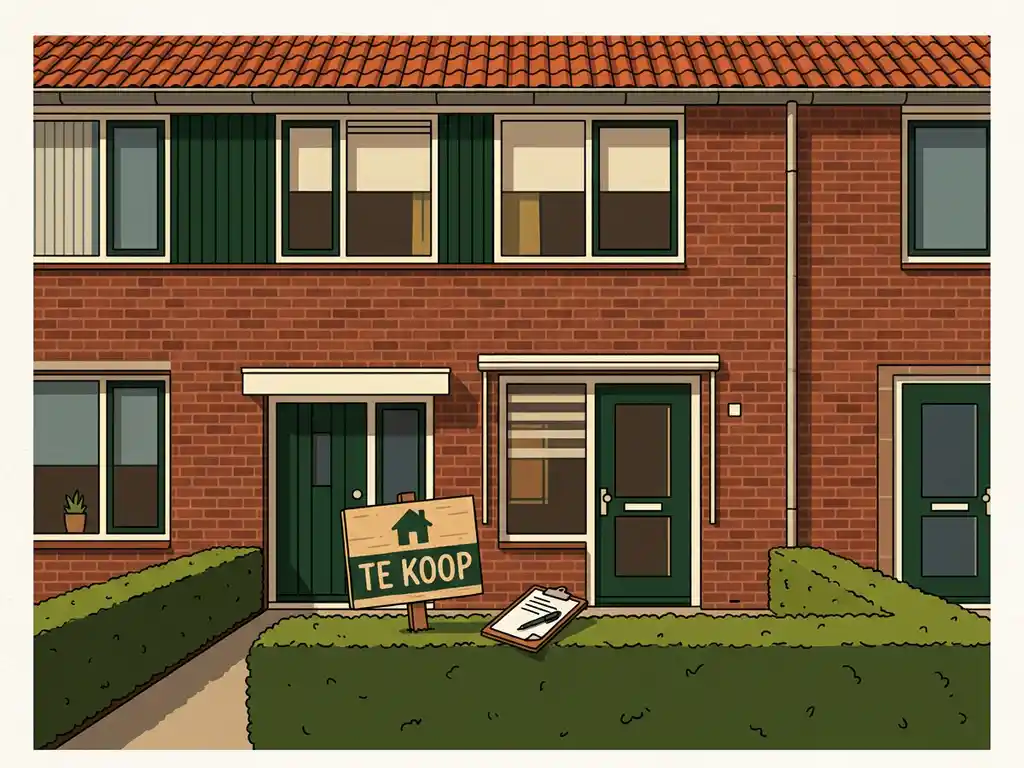 Rijtjeswoning in Nieuwegein te koop met bakstenen gevel, terracottadak en makelaarklembord tegen groene haag in middagzon.