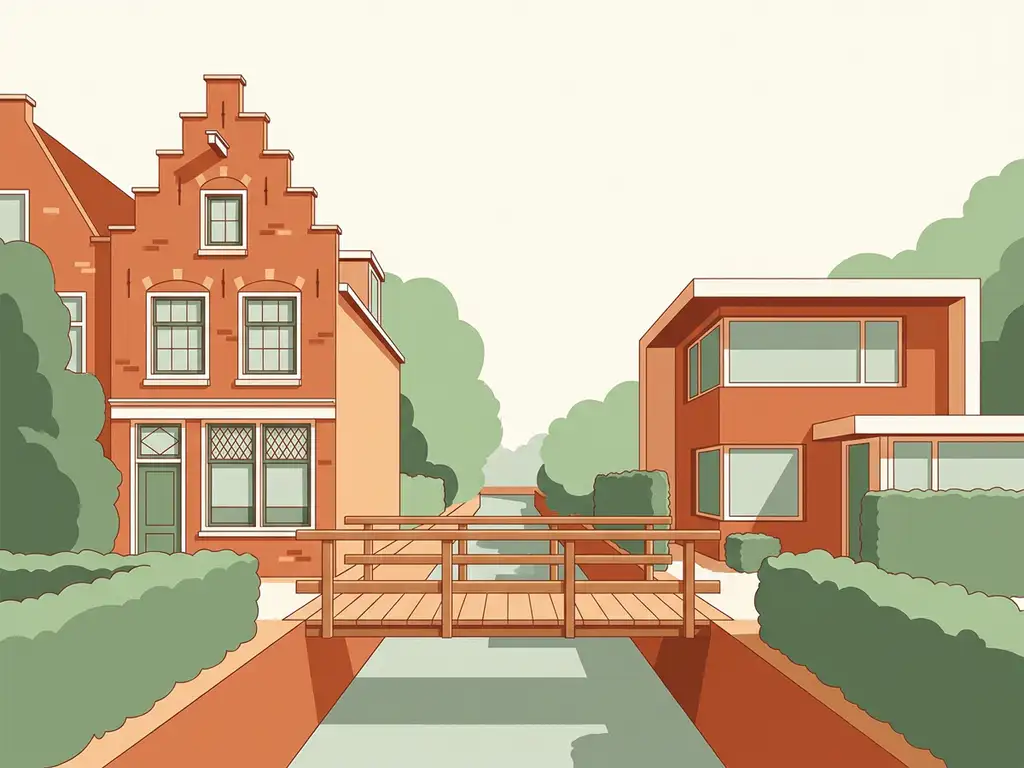 Vintage bakstenen grachtenpand en modern nieuwbouwhuis verbonden door houten brug over rustig kanaal in vectorillustratiestijl.