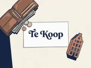 Versleten open portemonnee naast een Te Koop-bord en miniatuur Hollands grachtenpand op wit oppervlak.