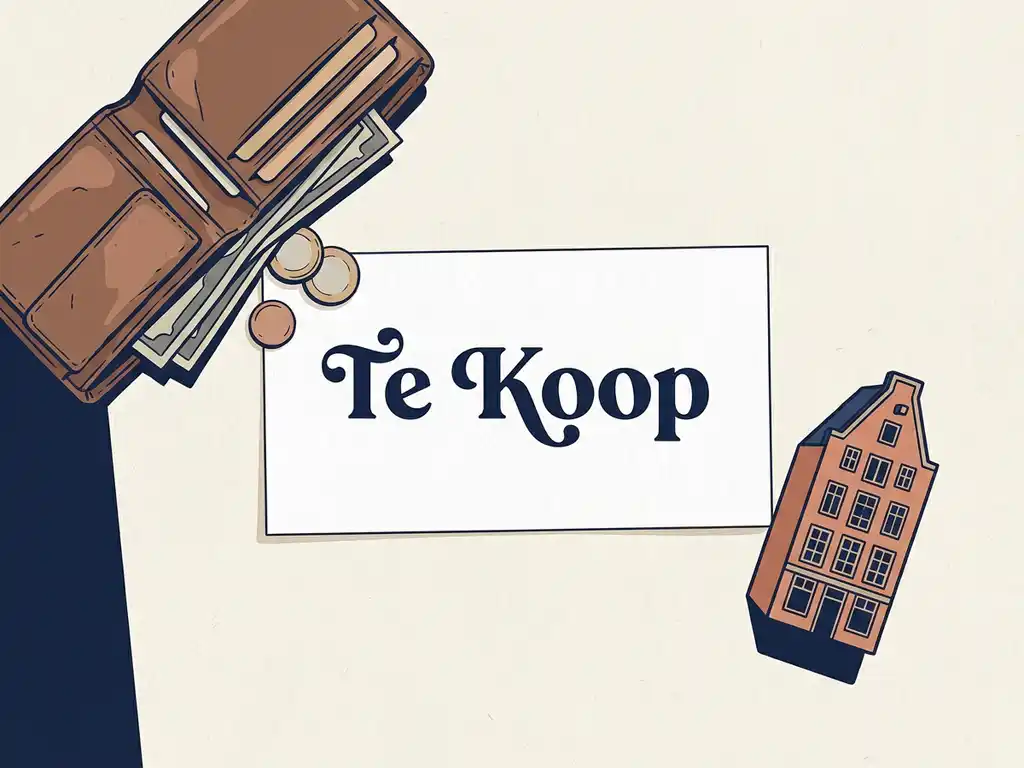 Versleten open portemonnee naast een Te Koop-bord en miniatuur Hollands grachtenpand op wit oppervlak.