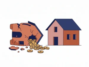 Vervallen spaarpot in huisvorm met uitrollende munten naast een solide huismodel, symbool voor schijnvoordeel bij vastgoedkeuzes.