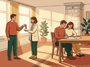 Nederlands gezin in gezellige woonkamer: sleuteloverdracht woning en het ondertekenen van koopakte aan houten tafel.