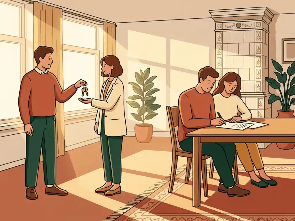 Nederlands gezin in gezellige woonkamer: sleuteloverdracht woning en het ondertekenen van koopakte aan houten tafel.
