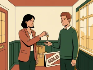 Makelaar overhandigt sleutel aan nieuwe huiseigenaar in Nederlandse hal met verhuisdozen en te koop-bord op de achtergrond.