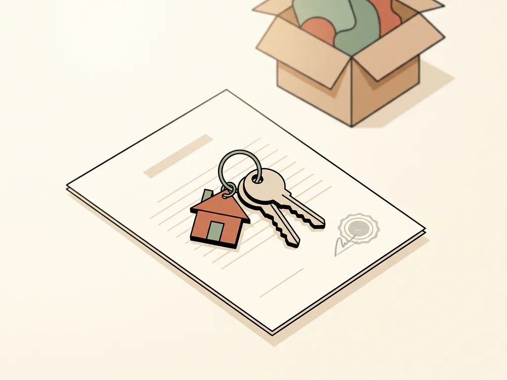 Sleutels van een nieuwe Nederlandse woning op een ongetekend koopcontract, met een verhuisdoos op de achtergrond.