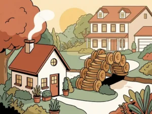 Kleine starterswoning op hetzelfde perceel als een grote gezinswoning, verbonden door een stapel euromunten die overwaarde symboliseert.
