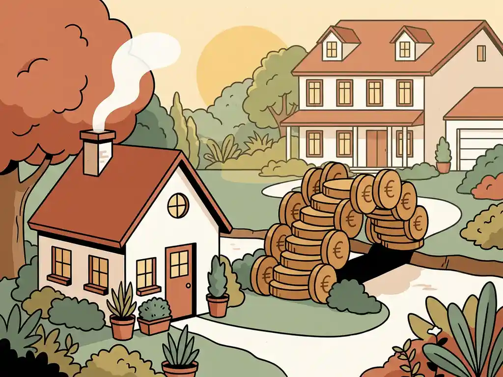 Kleine starterswoning op hetzelfde perceel als een grote gezinswoning, verbonden door een stapel euromunten die overwaarde symboliseert.