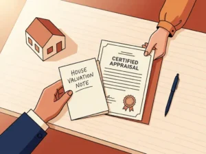 Makelaar legt officieel taxatierapport naast handgeschreven woningwaardebepaling op houten bureau, met miniatuurhuis en pen.
