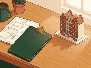 Leren klembord en opgevouwen plattegrond op een eiken bureau naast een schaalmodel van een Nederlandse rijtjeswoning.