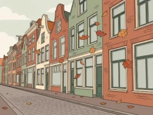 Klassieke Utrechtse grachtenpanden met vallende herfstbladeren langs bakstenen gevels boven een kinderkopjesstraat.