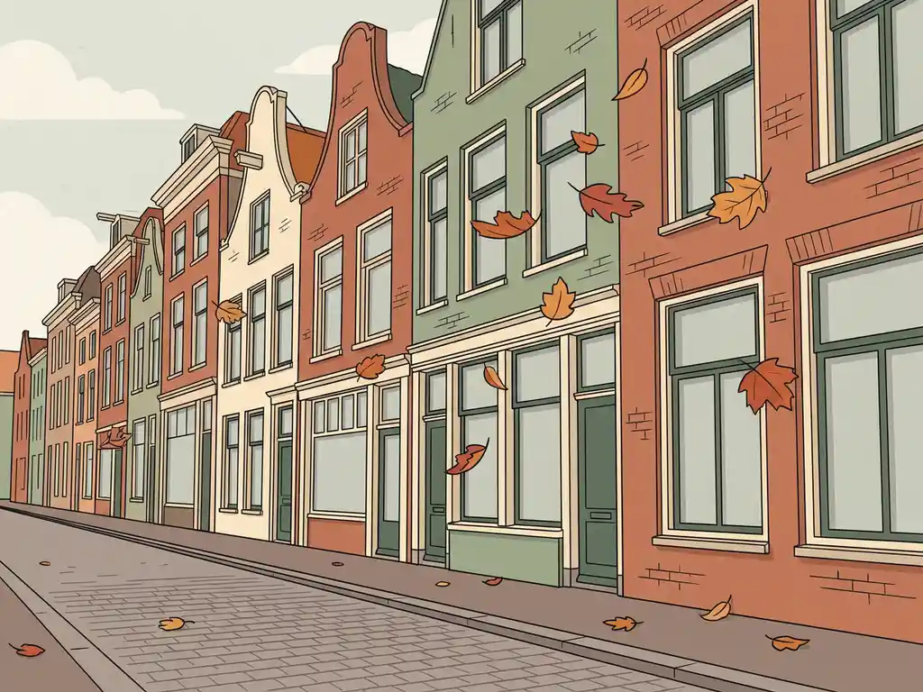 Klassieke Utrechtse grachtenpanden met vallende herfstbladeren langs bakstenen gevels boven een kinderkopjesstraat.