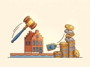 Veilinghamer boven Hollands grachtenpand met opstapelende euromunten die de vraagprijs overtreffen, vlakke vectorillustratie in terracotta en blauw.