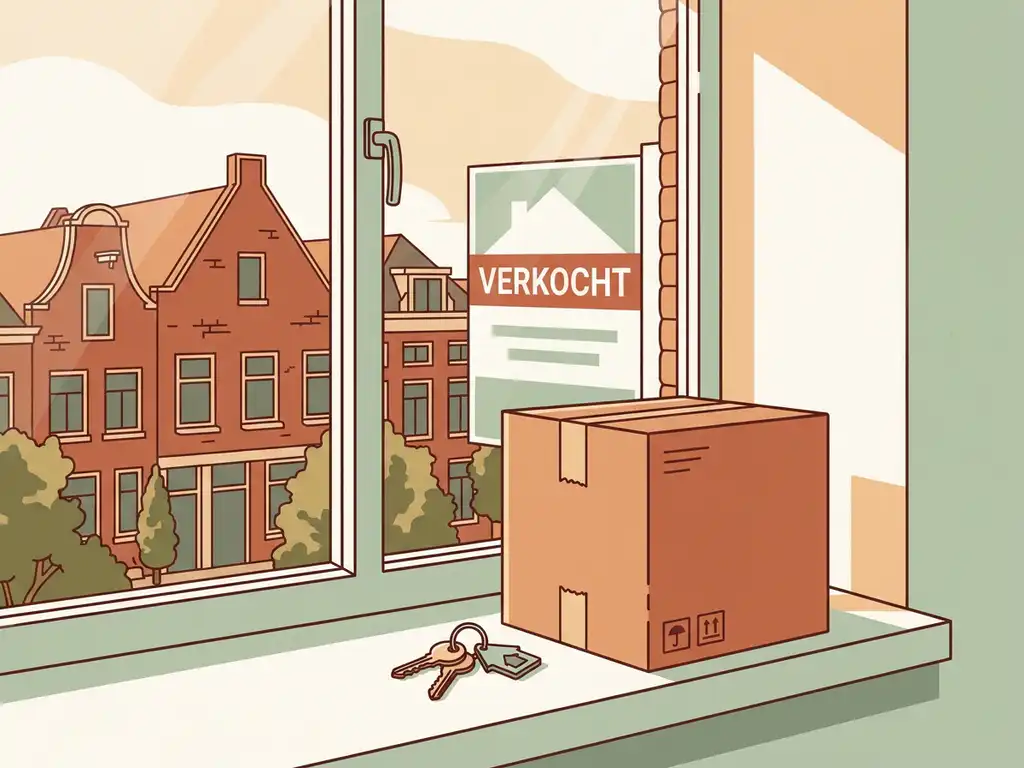 Verhuisdoos en huissleutels op vensterbank met zichtbaar te-koop-bord in Nederlandse woonstraat, gouden middaglicht.