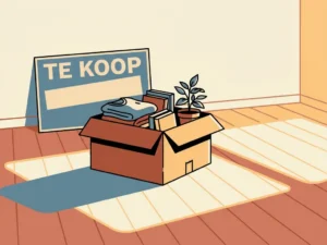 Halfgevulde verhuisdoos in woonkamer met 'Te Koop'-bord tegen de muur, warm middaglicht op houten vloer.