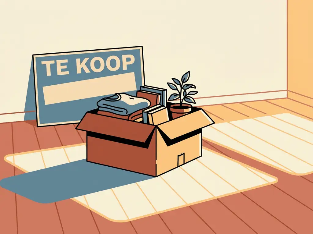 Halfgevulde verhuisdoos in woonkamer met 'Te Koop'-bord tegen de muur, warm middaglicht op houten vloer.