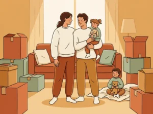 Jong gezin met twee kinderen omringd door verhuisdozen in de woonkamer, ouders wisselen een geruststellende blik.