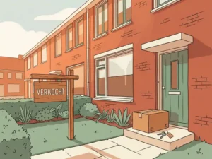 Verkocht-bord in voortuin van Nederlandse rijtjeswoning met verhuisdoos en sleutels op de drempel, warme middagzon op rode bakstenen gevel.