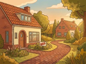 Verkocht familiehuis aan zonnige Nederlandse straat met tuinbord, bakstenen pad en tweede woning op achtergrond.