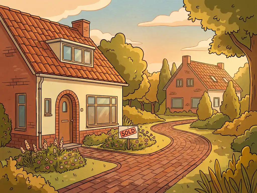 Verkocht familiehuis aan zonnige Nederlandse straat met tuinbord, bakstenen pad en tweede woning op achtergrond.