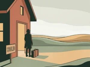 Persoon met koffer in deuropening van verkocht huis, uitkijkend over lege horizon, kalme maar onzekere stemming.