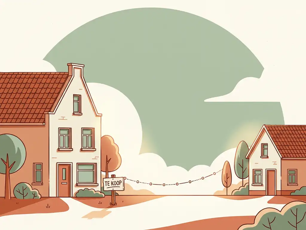 Hollandse twee-onder-een-kapwoning met te koop-bord, verbonden via stippellijn aan kleinere woning, vectorillustratie in terracotta en saliegroen.