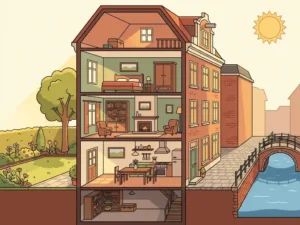 Doorsnede illustratie van Nederlands grachtenpand met tuin, bakstenen gevel en kanaalstraat in warme terracotta en saliegroen tinten.