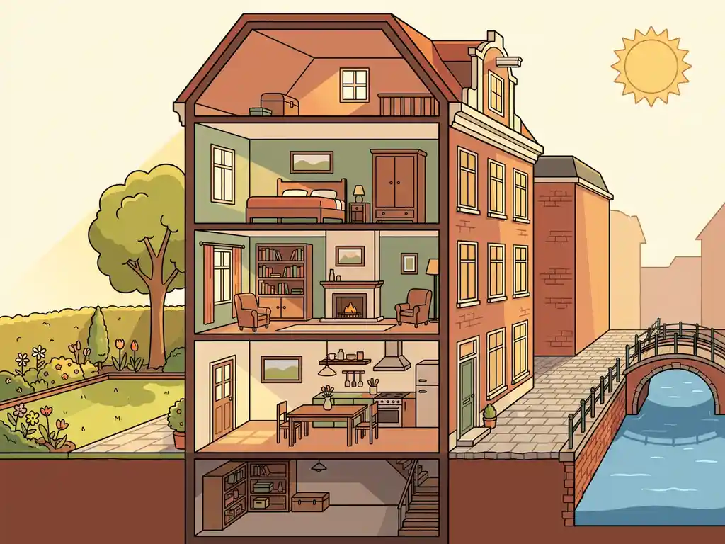 Doorsnede illustratie van Nederlands grachtenpand met tuin, bakstenen gevel en kanaalstraat in warme terracotta en saliegroen tinten.