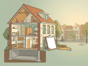 Doorsnede van Nederlandse woning in Utrecht met zichtbare fundering, muren en dak, klembord en meetlint tegen de gevel.