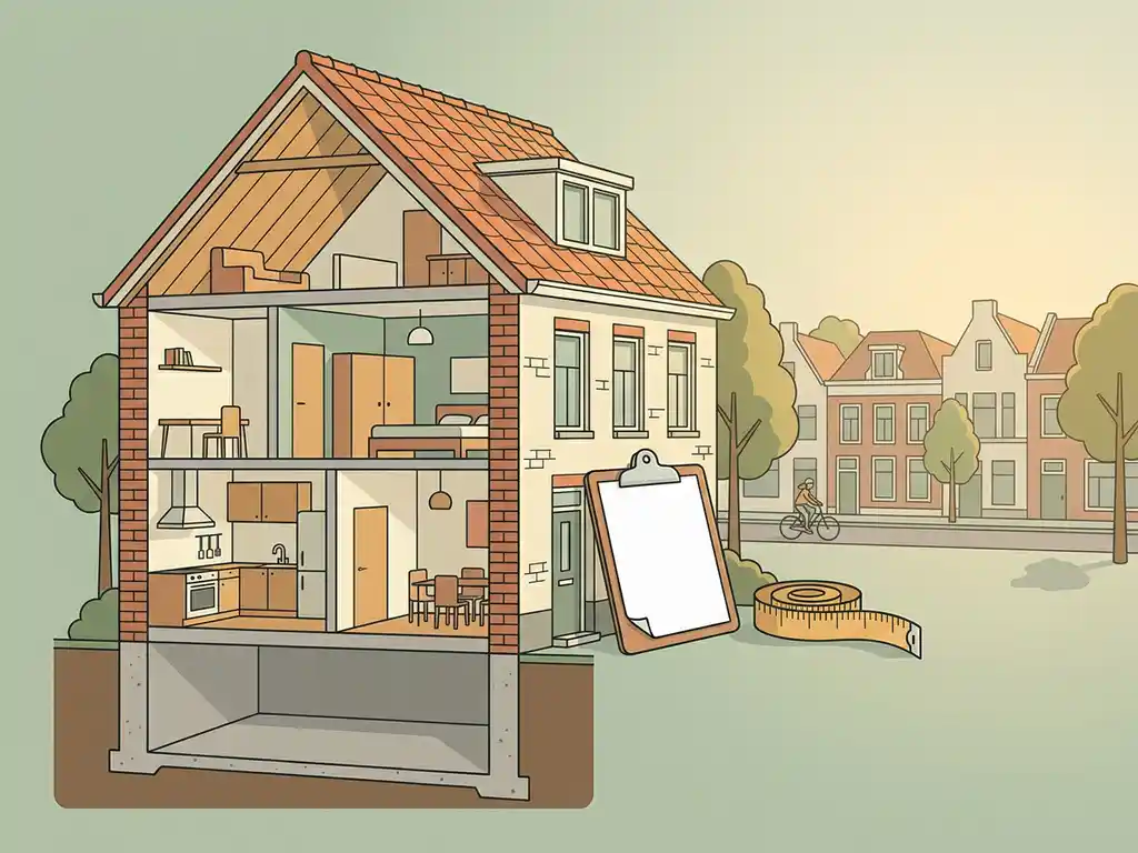 Doorsnede van Nederlandse woning in Utrecht met zichtbare fundering, muren en dak, klembord en meetlint tegen de gevel.